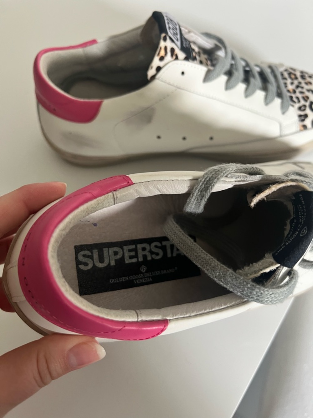 Golden Goose White Sneakers with Leopard Print and Pink Heel Tab - Picture 4 of 4